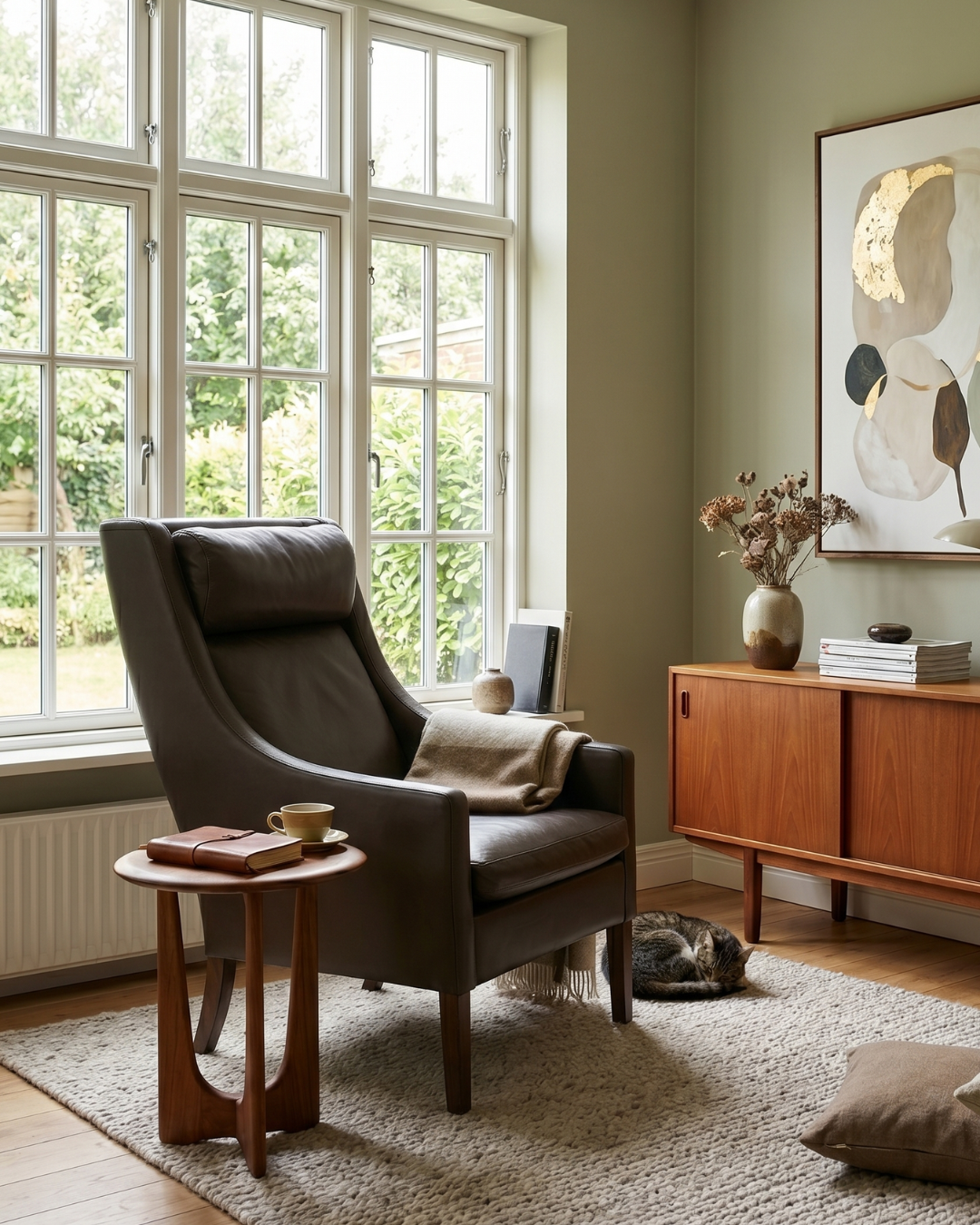 Elegant designer armchair in Børge Mogensen style genuine leather mid-century lounge chair