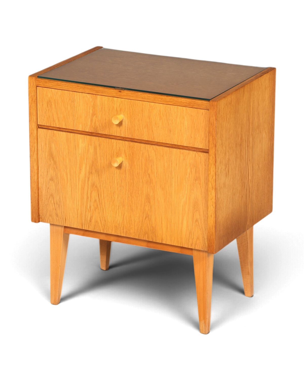 Hauptstadt Möblerei Mid Century Nachttisch aus hellem Holz mit Schublade und Klapptür im dänischen Design der 60er