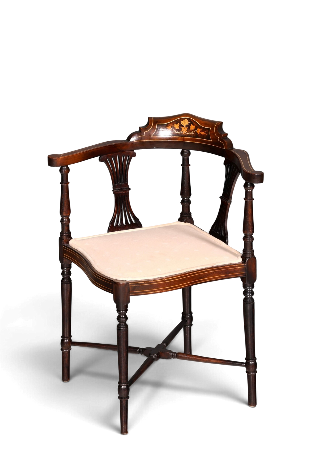 Hauptstadt Möblerei antiker Edwardian Eckstuhl aus dunklem Holz mit Intarsien und gepolsterter Sitzfläche