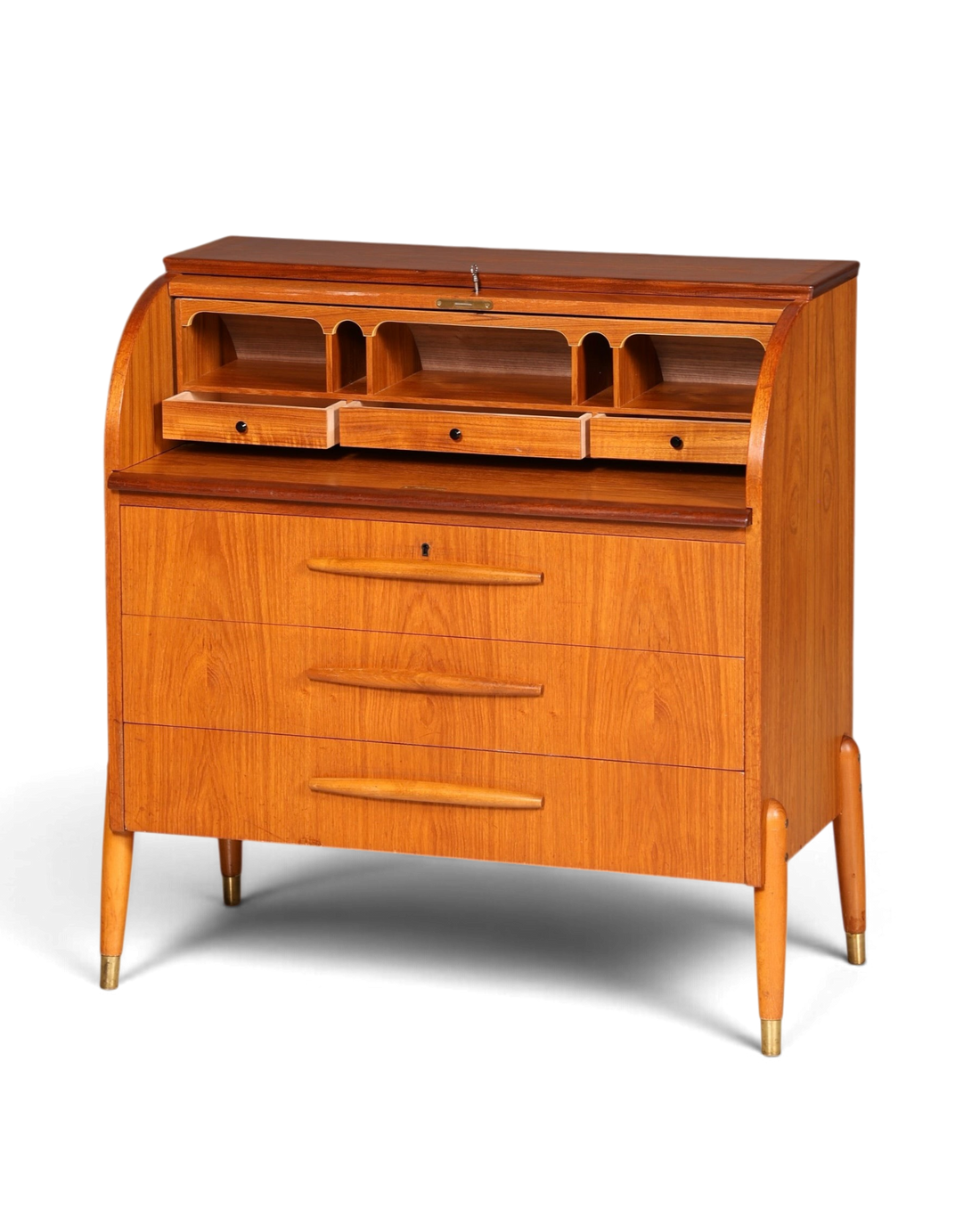 Hauptstadt Möblerei Mid-Century Rollladen-Sekretär aus Holz mit drei Schubladen und Fächern im 60er-Jahre-Design