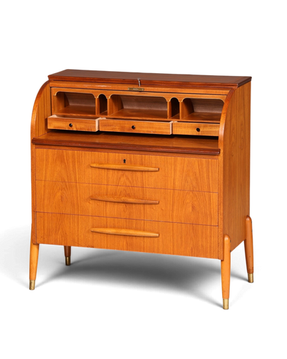 Hauptstadt Möblerei Mid-Century Rollladen-Sekretär aus Holz mit drei Schubladen und Fächern im 60er-Jahre-Design