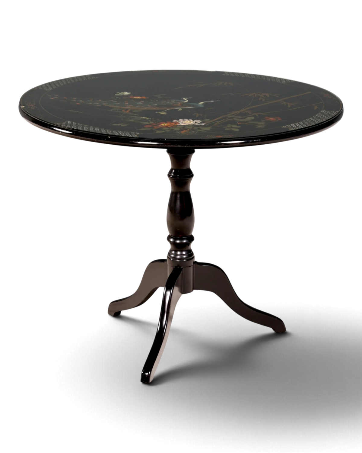 Prachtvoller runder asiatischer Esstisch Schwarz Lack Chinoiserie Tisch mit Pfauenmotiv und Glasplatte