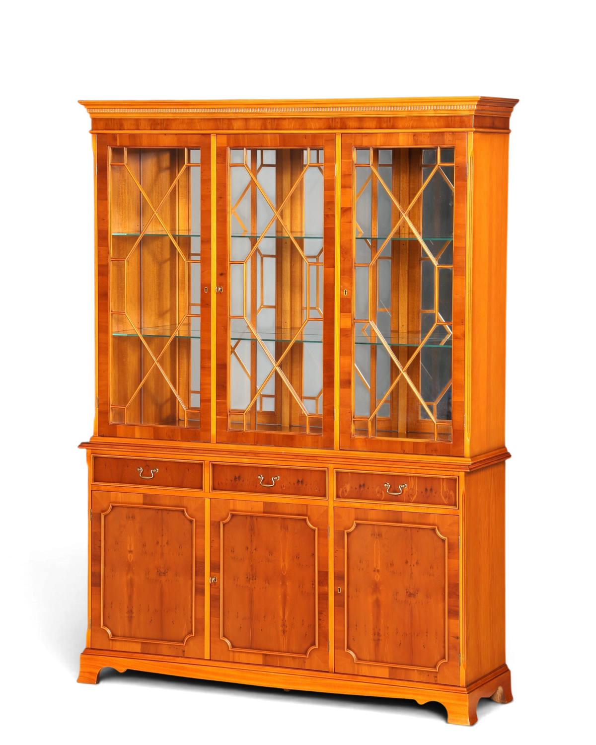 Hauptstadt Möblerei englische Vitrine aus Holzfurnier mit verglasten Türen, Innenbeleuchtung und drei Schubladen