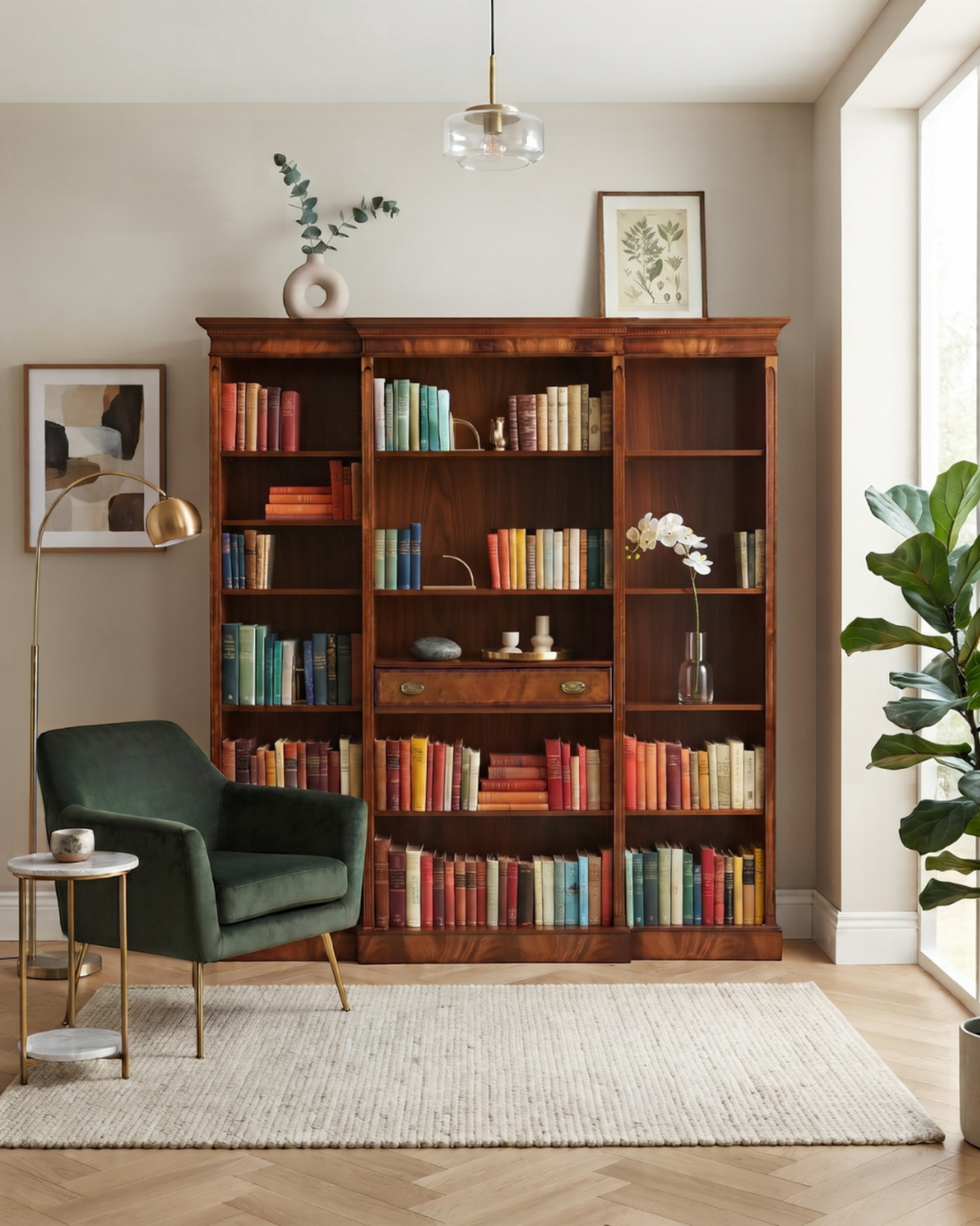 Hauptstadt Möblerei XXL Heldense Bücherregal aus Eibe mit höhenverstellbaren Böden in einem eleganten Wohnzimmer