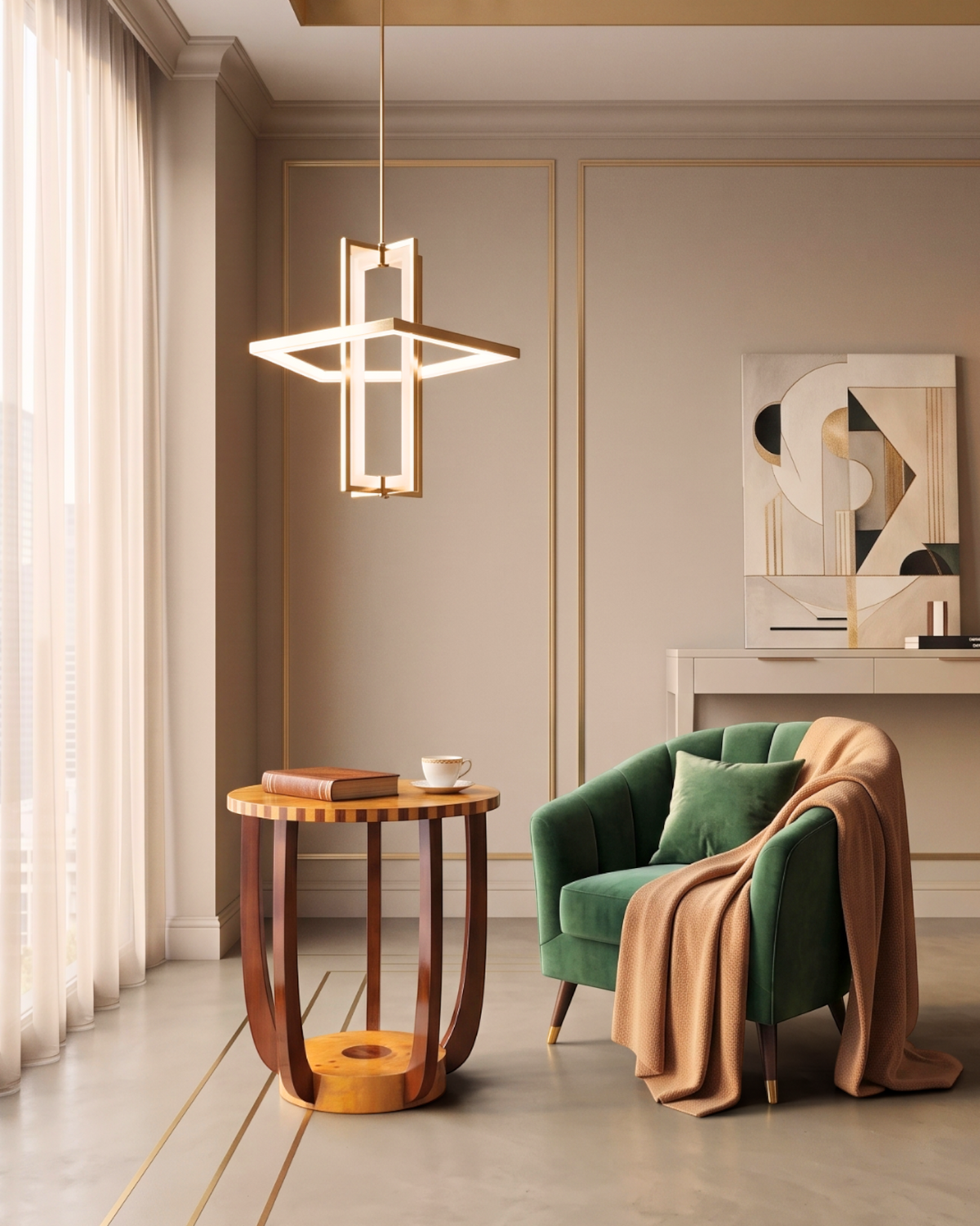 Hauptstadt Möblerei Art Deco Beistelltisch aus Echtholz in einem eleganten Wohnzimmer mit grünem Samtsessel