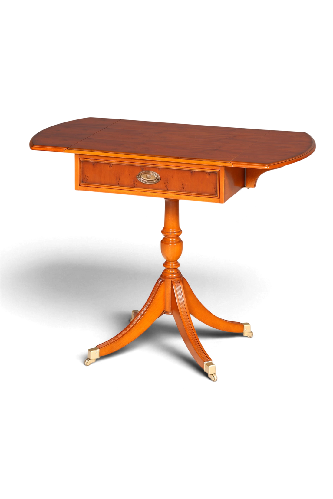 Hauptstadt Möblerei Heldense Beistelltisch aus Eibenholz mit klappbarer Platte, Schublade und Rollen im Vintage-Stil