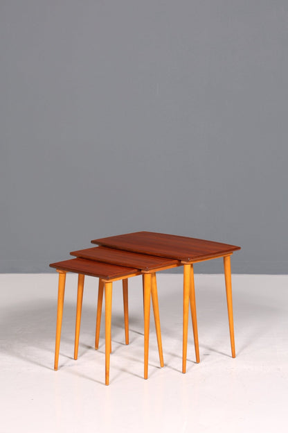 Filigranes Mid Century Tisch Set Couchtisch Teak Holz 3er Satz Ablagetisch Beistelltisch
