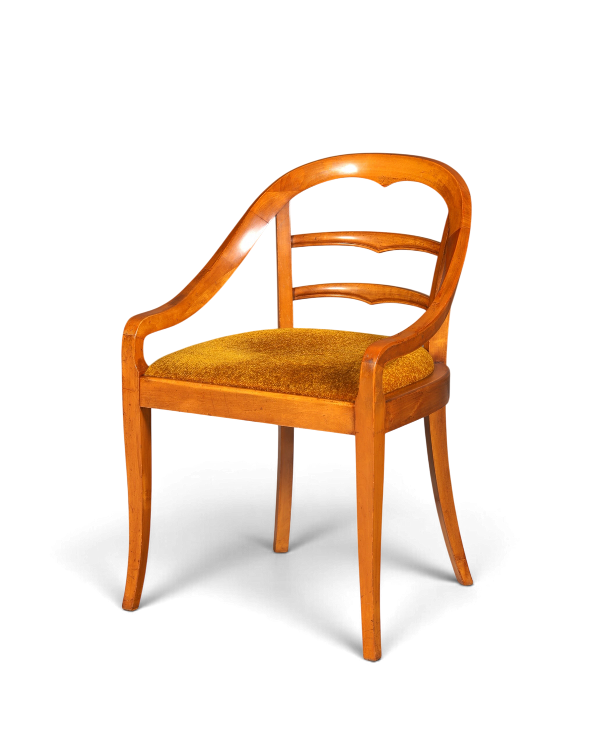 Hauptstadt Möblerei Jugendstil Armlehnstuhl aus Holz mit senfgelbem Polstersitz und geschwungener Rückenlehne