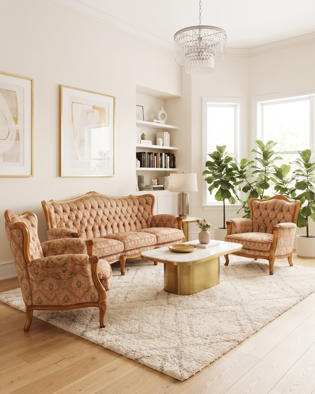 Hauptstadt Möblerei 3-Sitzer Chippendale Sofa im Barock-Stil mit gemustertem Samtstoff in einem eleganten Wohnzimmer