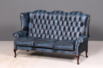 Beautiful original Chesterfield three-seater sofa, Queen Anne, blue English leather couch, England upholstered sofa