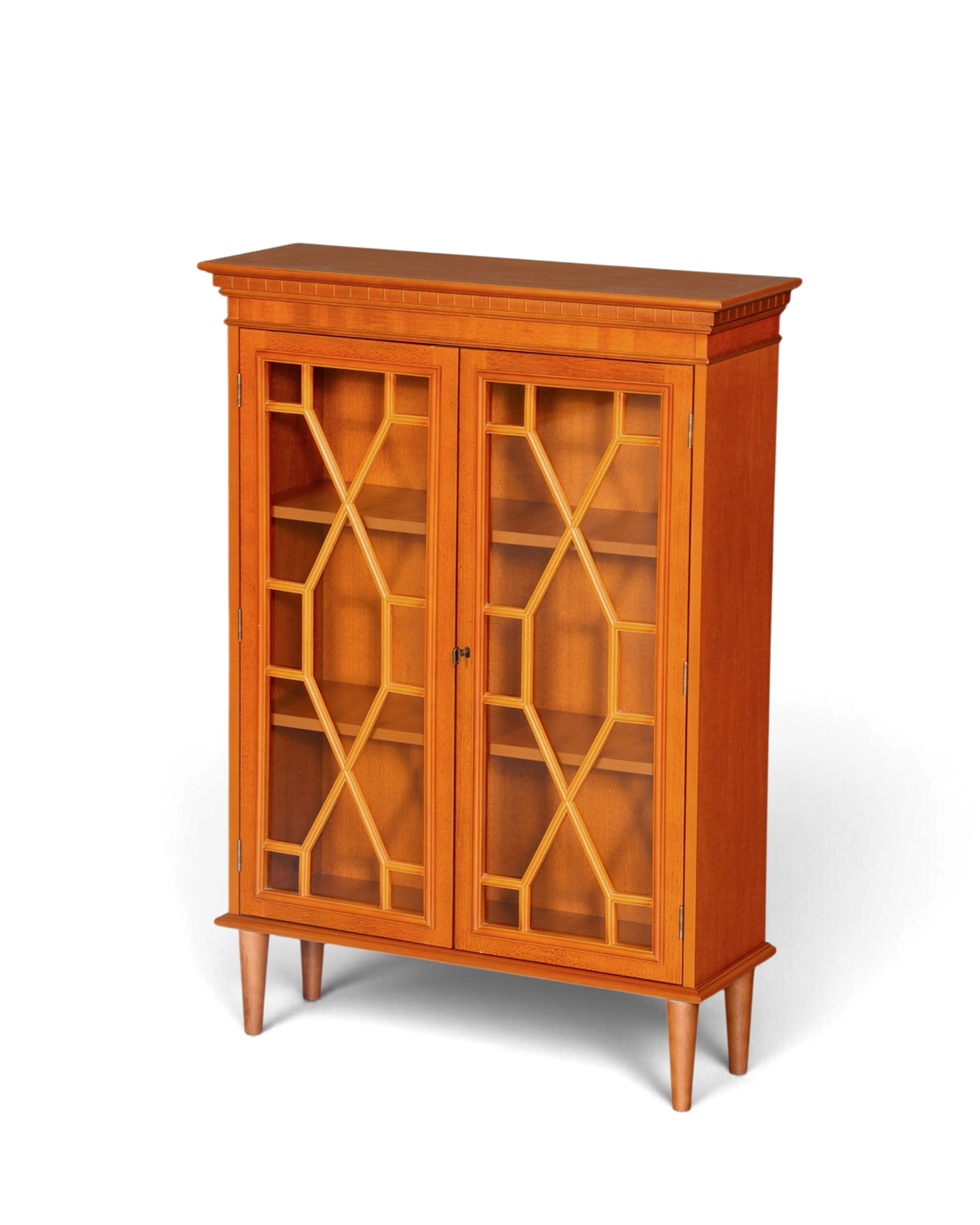 Hauptstadt Möblerei englische Vitrine aus Eibenholz mit verglasten Türen und höhenverstellbaren Regalböden im 60s Stil