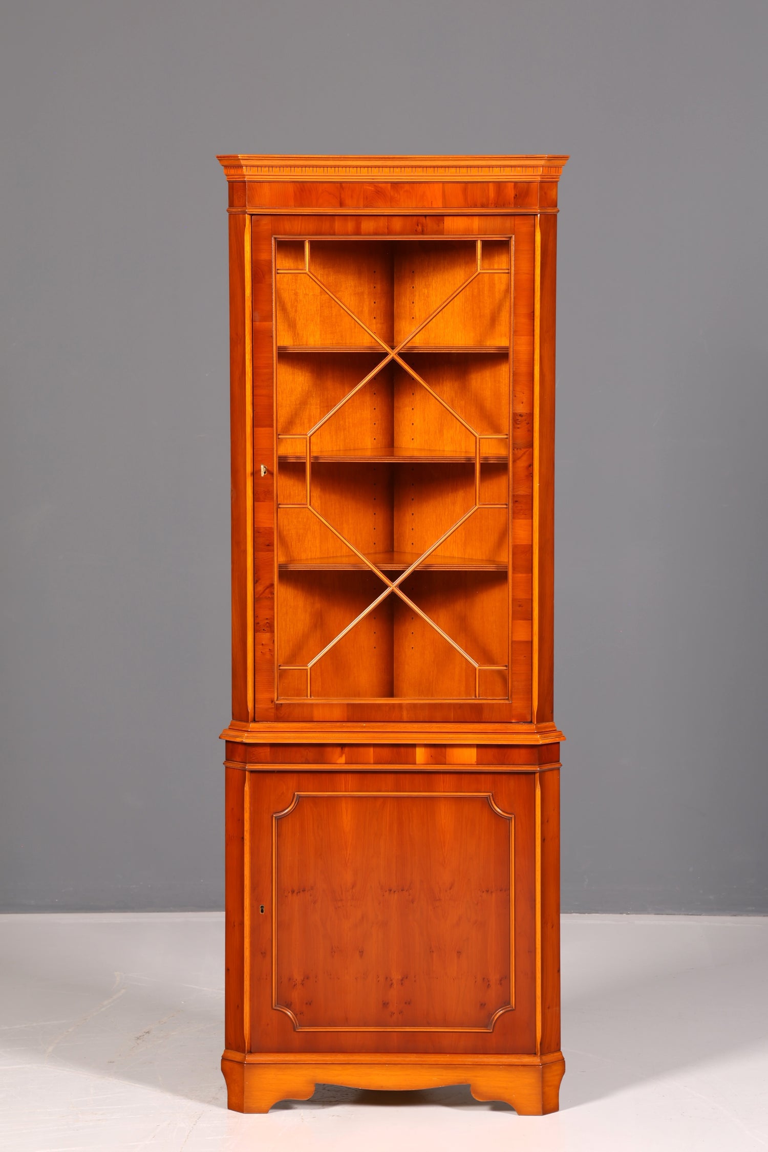 Beautiful English Yew Corner Display Cabinet, Corner Cupboard, Glass Display Cabinet, Antique, Solid Wood, Vintage