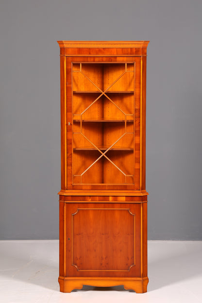 Beautiful English Yew Corner Display Cabinet, Corner Cupboard, Glass Display Cabinet, Antique, Solid Wood, Vintage