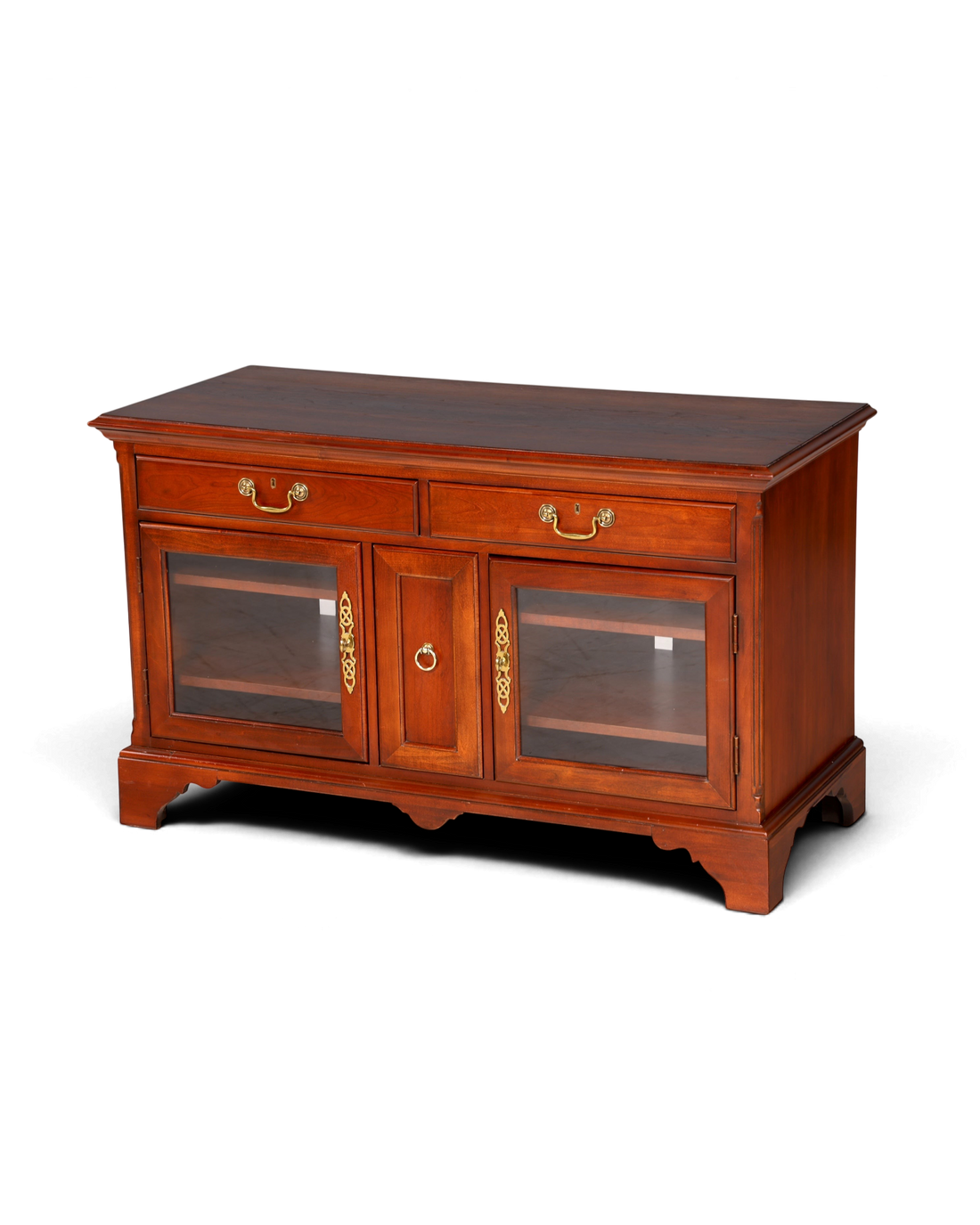 Hauptstadt Möblerei Sideboard aus dunkelbraunem Holz mit zwei Schubladen, Glastüren und goldenen Beschlägen