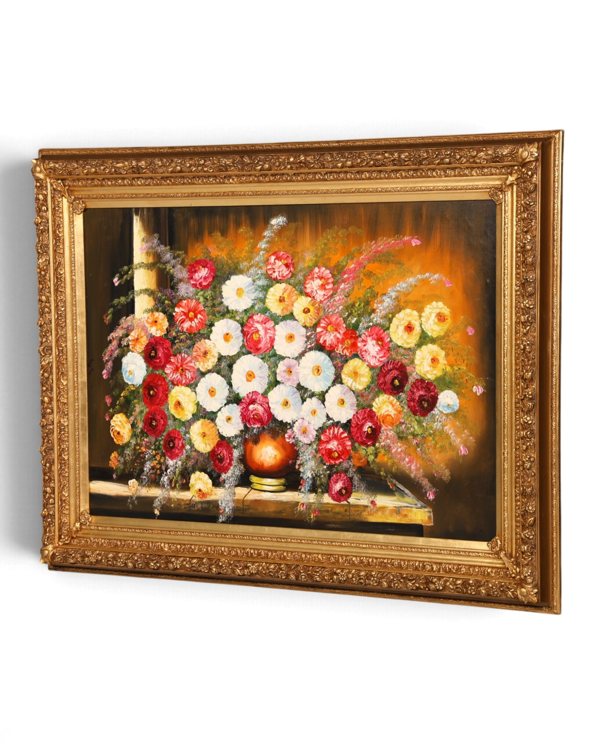 Splendid XXL Baroque-style floral still life painting, wall art with gold frame, hand-painted