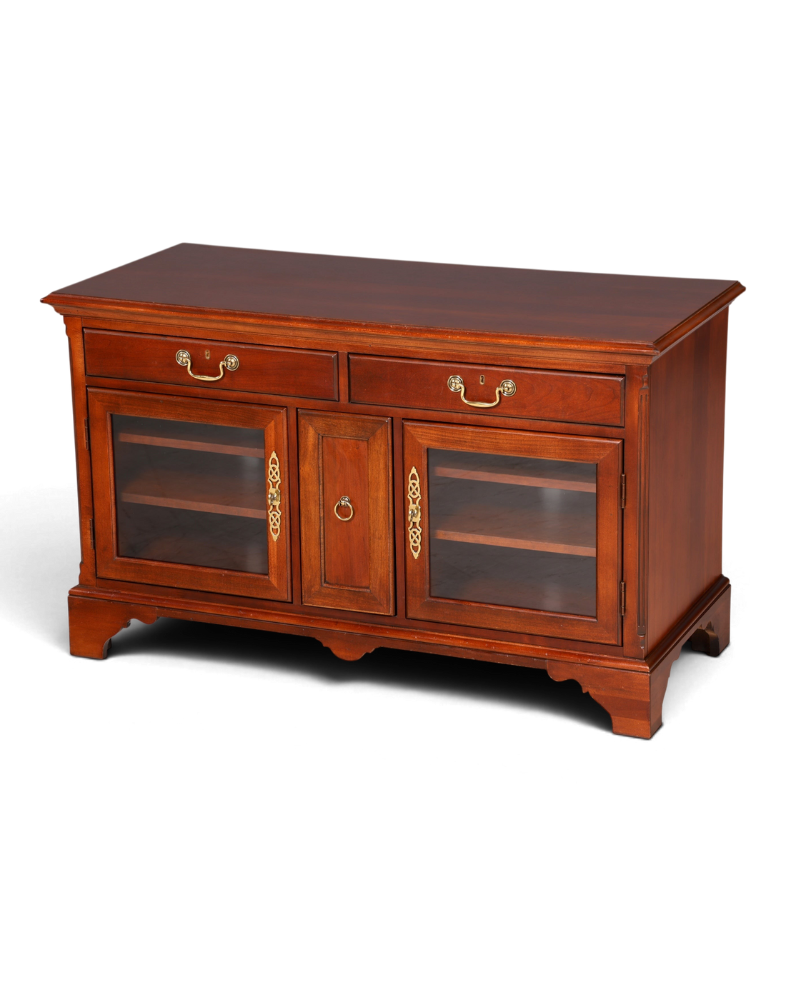 Hauptstadt Möblerei Sideboard aus dunklem Holz mit zwei Schubladen, zwei Glastüren und goldenen Beschlägen