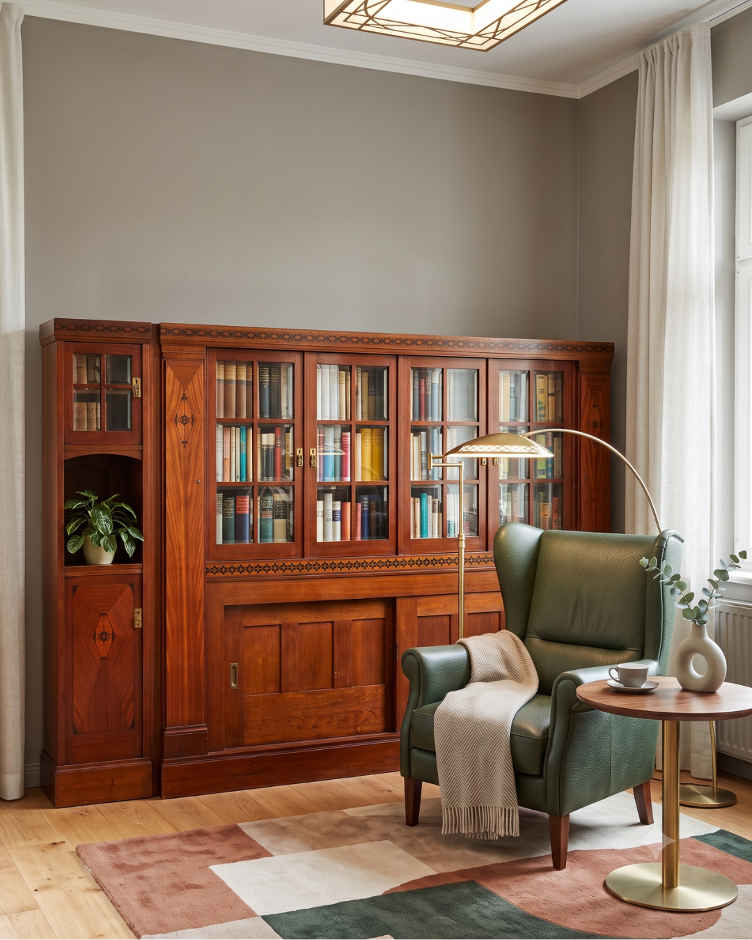 Wunderschöne XXL Jugendstil Vitrine Antike Holz Bücherschrank Eiche Antik Schrank Geschirrschrank Buffet Bibliothek