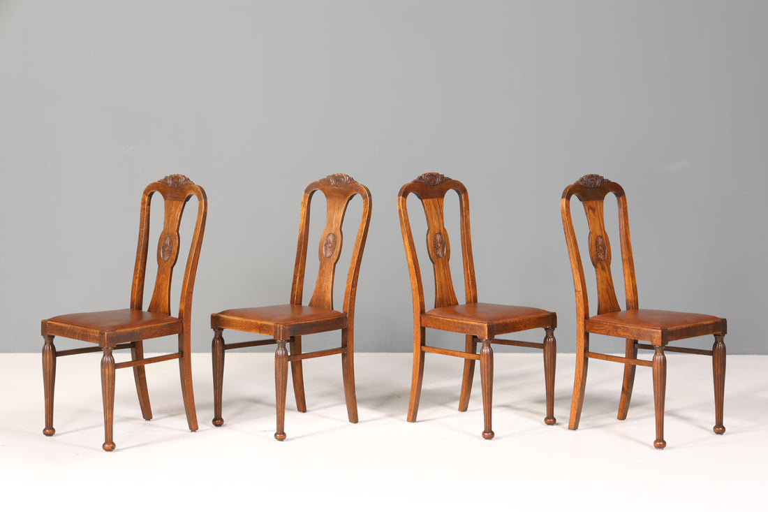4x Wunderschöne Jugendstil Stühle Stuhl Set Antik Eiche Küchenstühle um 1900