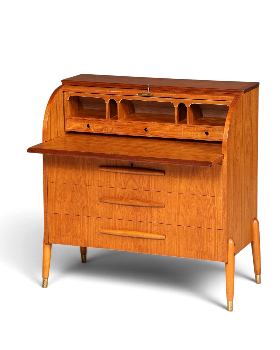 Hauptstadt Möblerei Mid Century Rollladen-Sekretär aus Holz mit drei Schubladen und Fächern im 60er Jahre Design