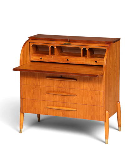 Hauptstadt Möblerei Mid Century Rollladen-Sekretär aus Holz mit drei Schubladen und Fächern im 60er Jahre Design