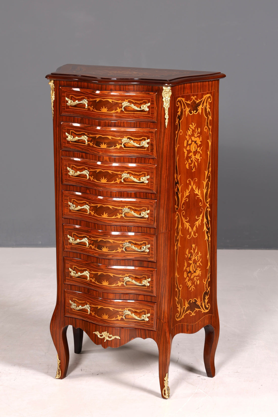 Stilvolles Barock Stil Louis XV Highboard Intarsien Vertiko Kommode Schubladenkommode