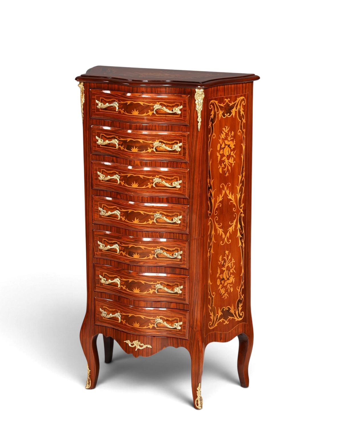 Stilvolles Barock Stil Louis XV Highboard Intarsien Vertiko Kommode Schubladenkommode