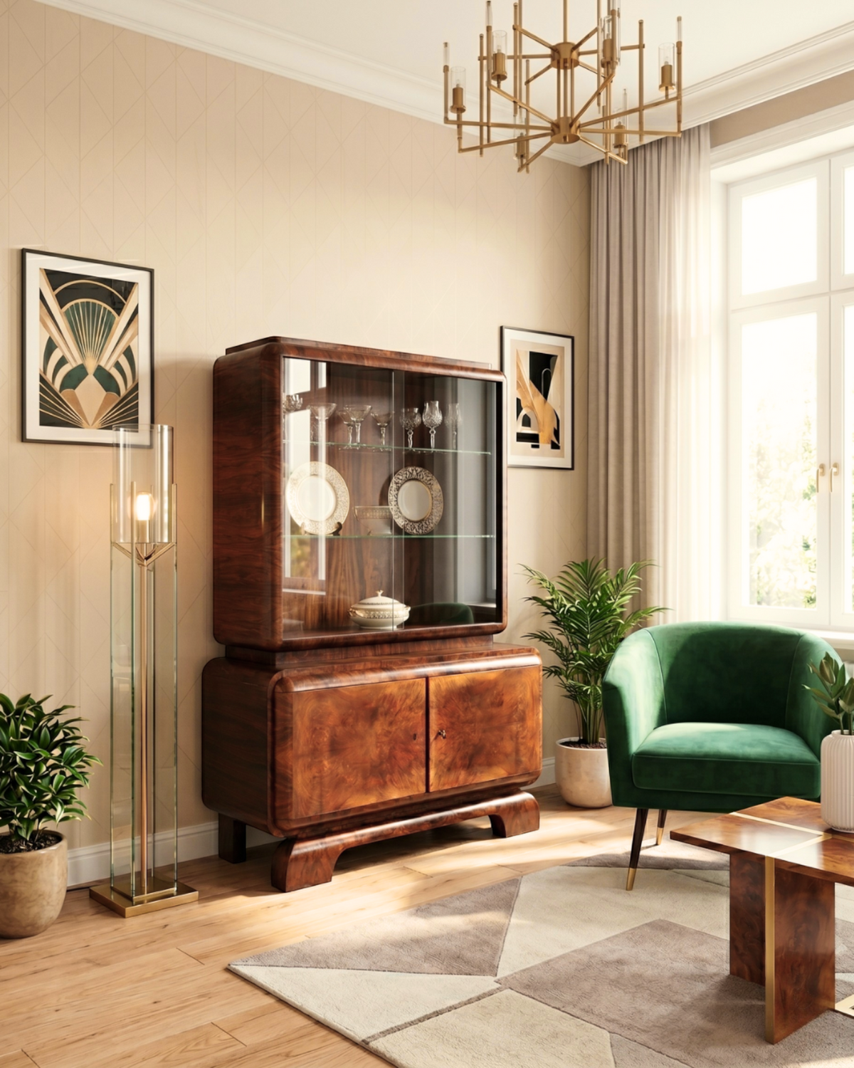 Art Deco Vitrine Nussbaum massiv Holz Antik Vitrinenschrank