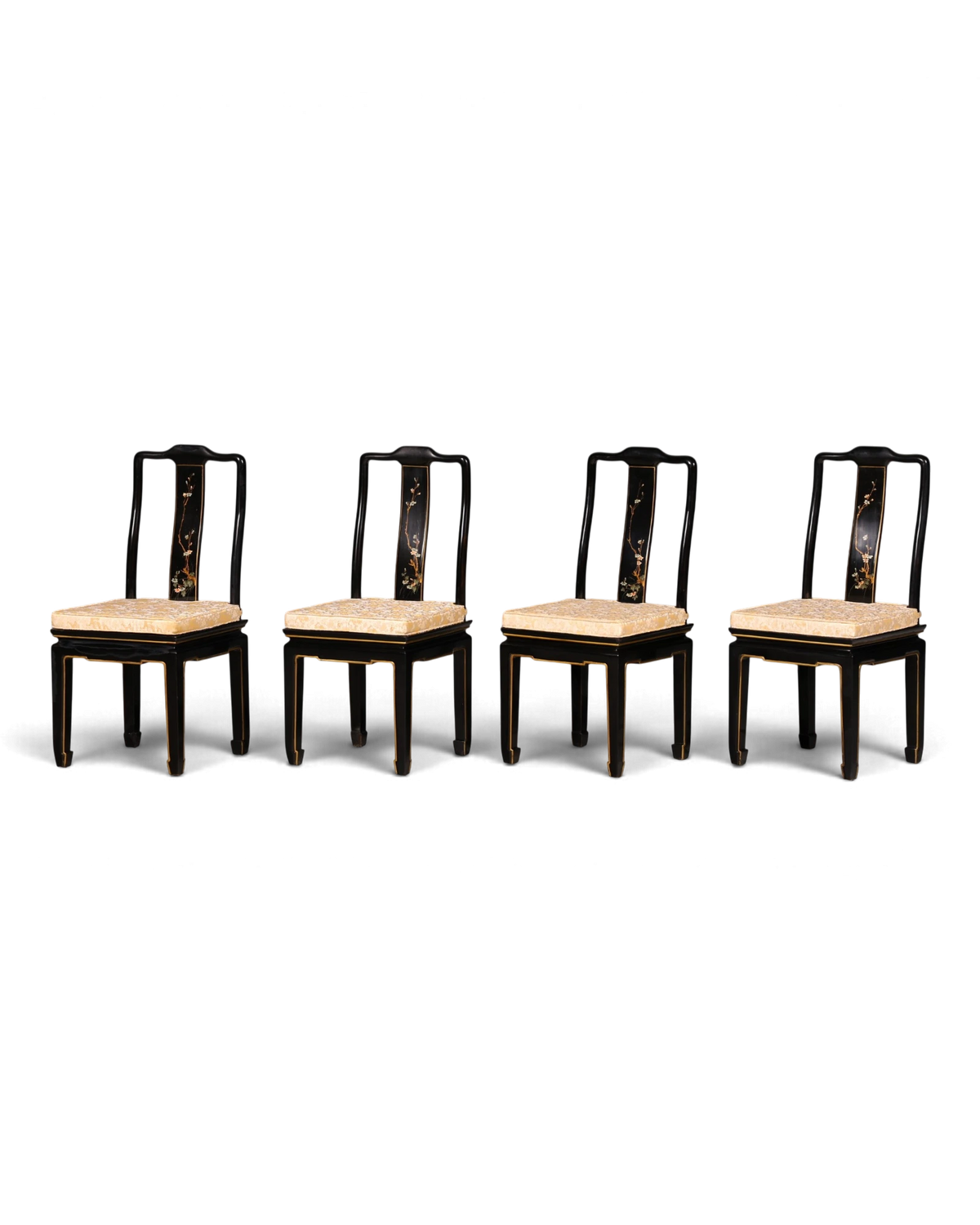 4x Elegant Asian dining chairs, black lacquer, chinoiserie chairs with floral decor, chair set