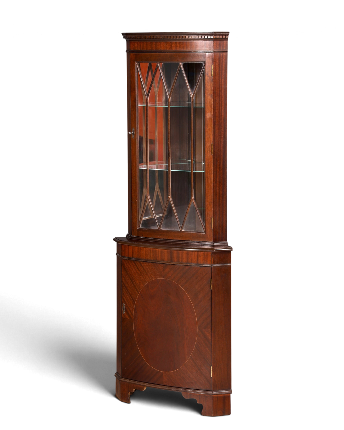 Hauptstadt Möblerei englische Eckvitrine aus Mahagoni mit Sprossentür und Unterschrank im antiken Vintage-Stil