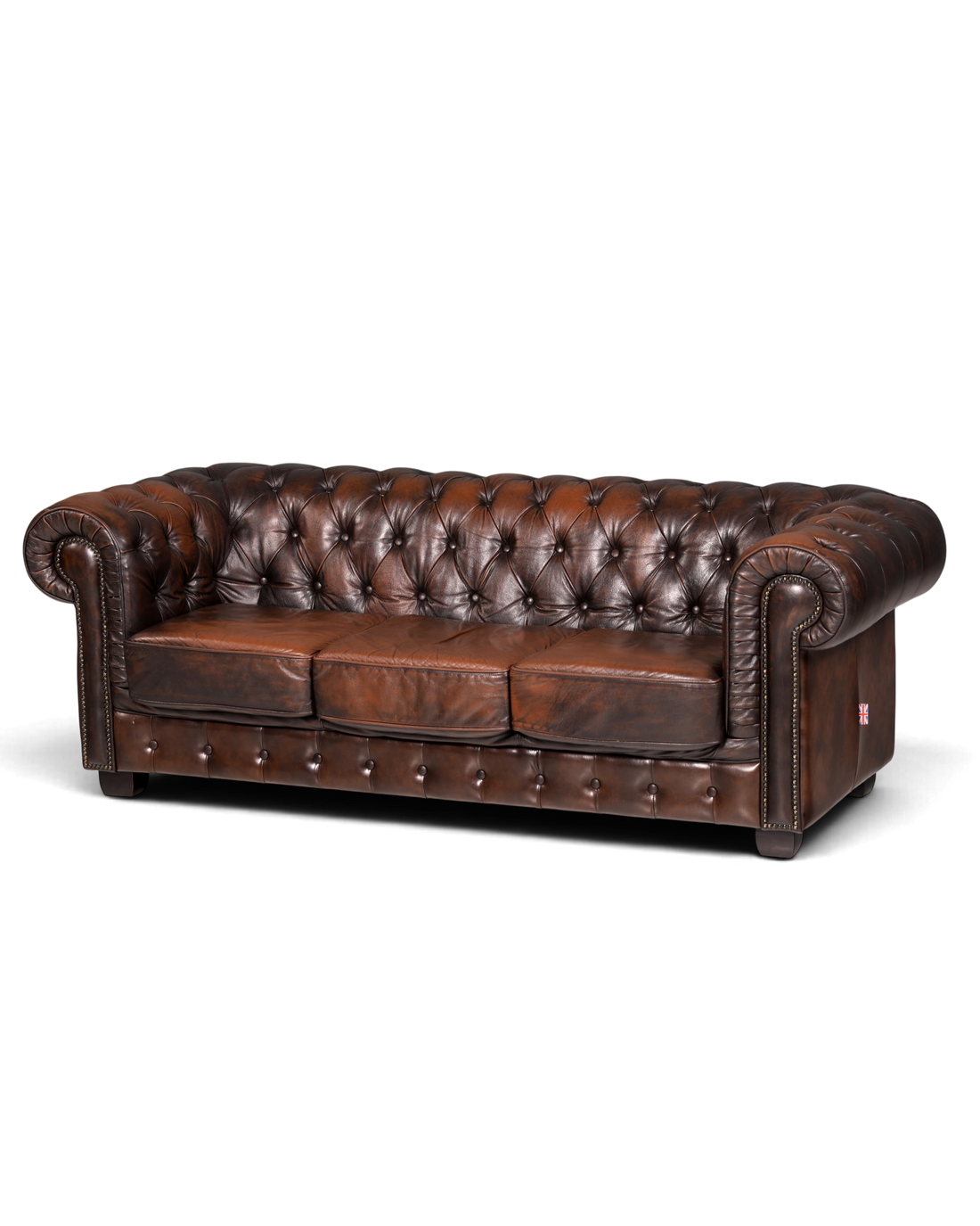 Hauptstadt Möblerei Chesterfield 3-Sitzer Sofa aus braunem Echtleder mit klassischer Knopfheftung und Armlehnen