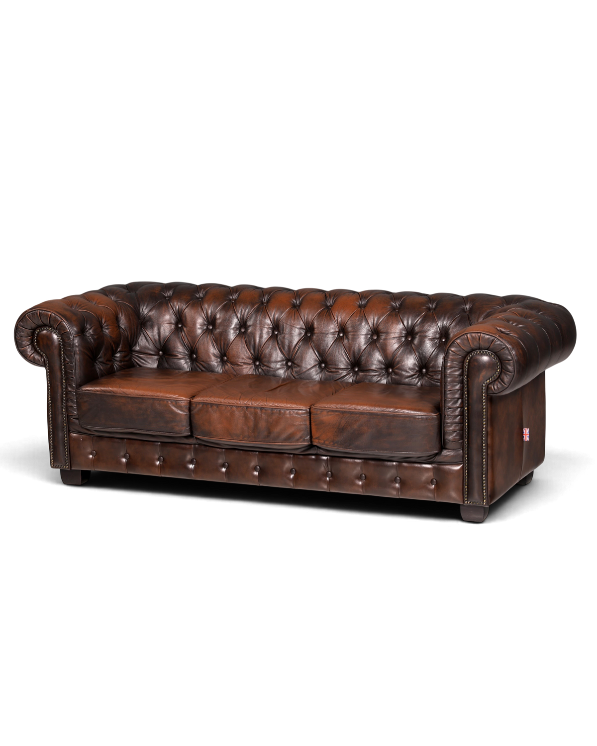 Hauptstadt Möblerei Chesterfield 3-Sitzer Sofa aus braunem Echtleder mit klassischer Knopfheftung und Armlehnen