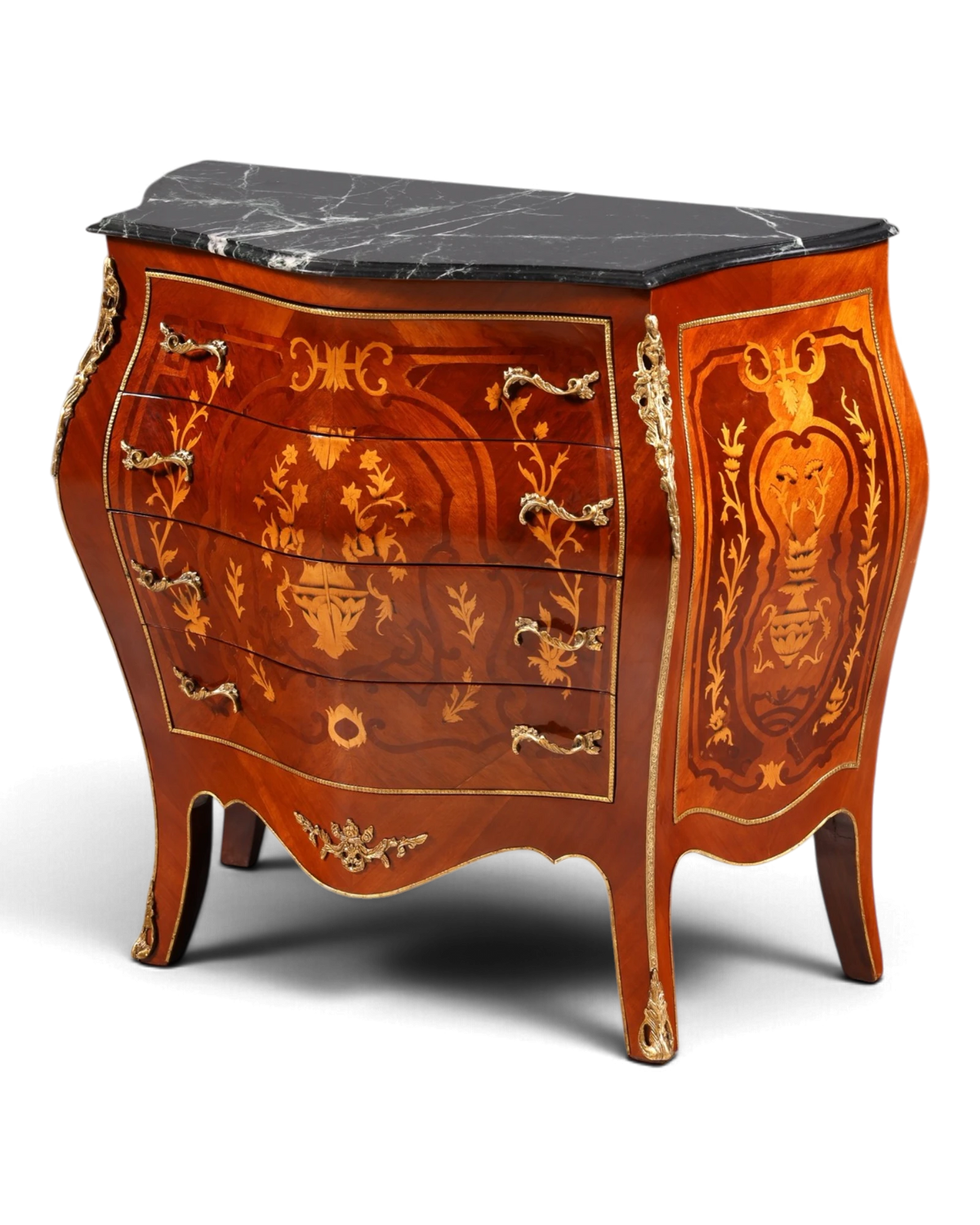 Magnificent Bow-Fronted Baroque Chest of Drawers, Brass, Marble, Louis XV Style, Antique