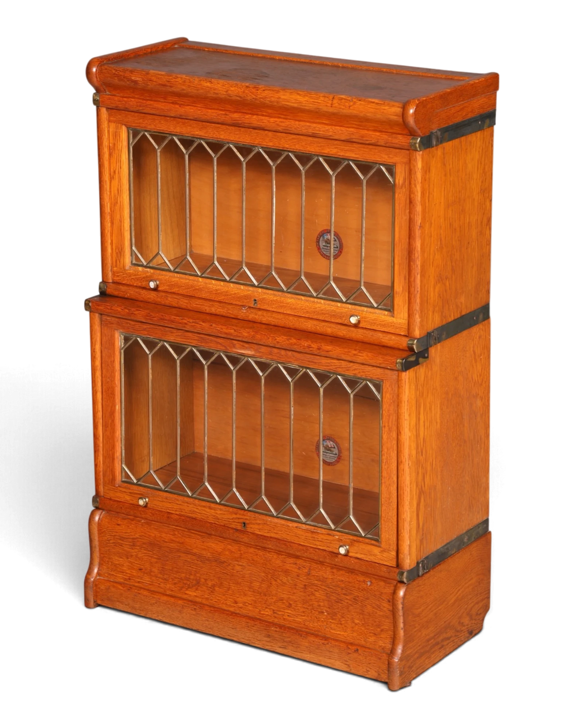 Rare Heinrich Zeiss modular shelving bookcase with leaded glass display cabinet, solid wood