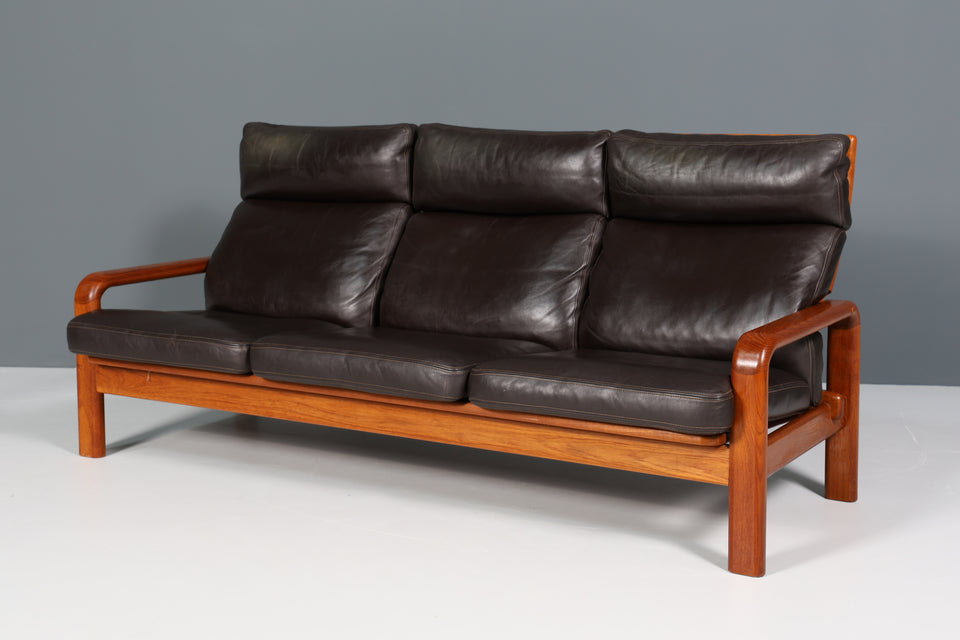 L. Olsen & Son Design 3- Sitzer Ledercouch Danish Teak Mid Century 3er Sofa