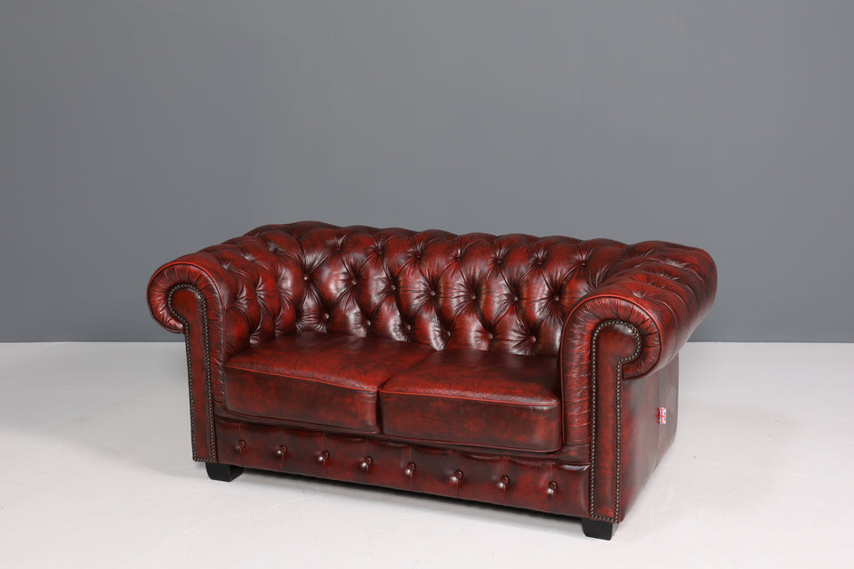 Original Chesterfield 2-Sitzer Couch Oxblood echt Leder Sofa