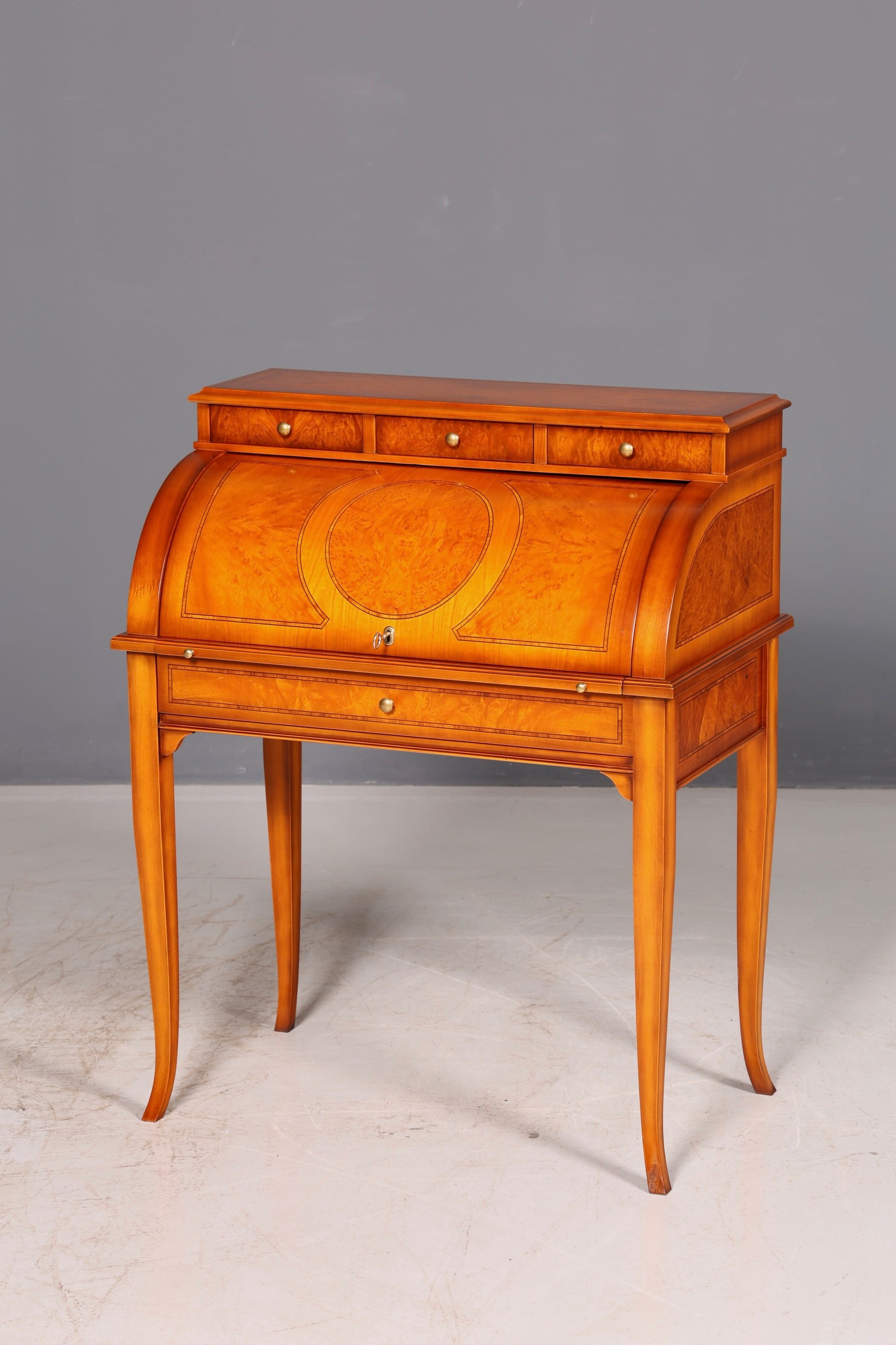 Beautiful antique roll-top secretary desk in Baroque style, cylinder desk, writing cabinet, circa 1930