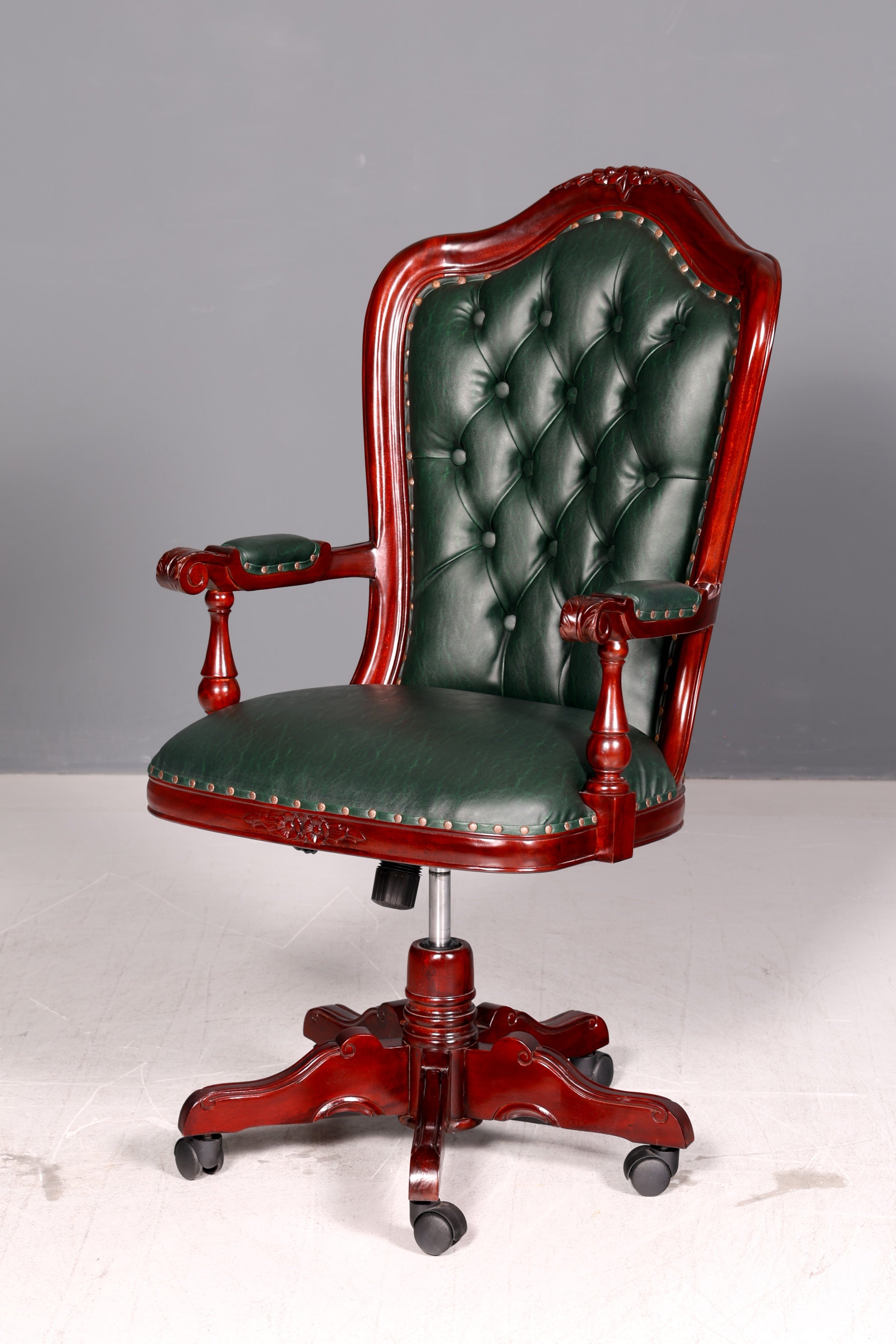 Elegant Chesterfield Executive Office Chair Green Mahogany Desk Chair Swivel Chair English Vintage