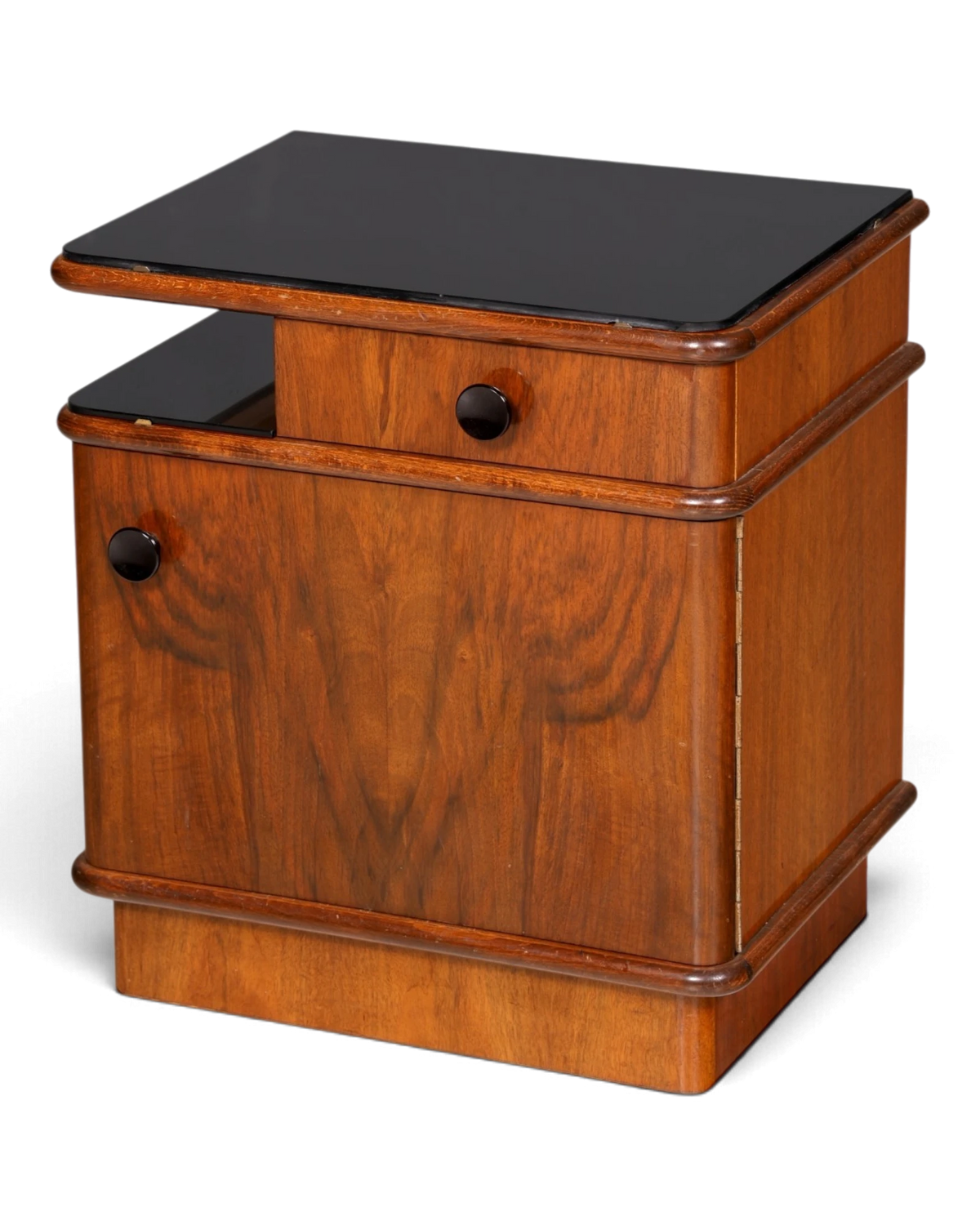 Elegant Art Deco bedside table by Jindřich Halabala, UP Závody, black glass top, nightstand, bedside cabinet 1 of 2