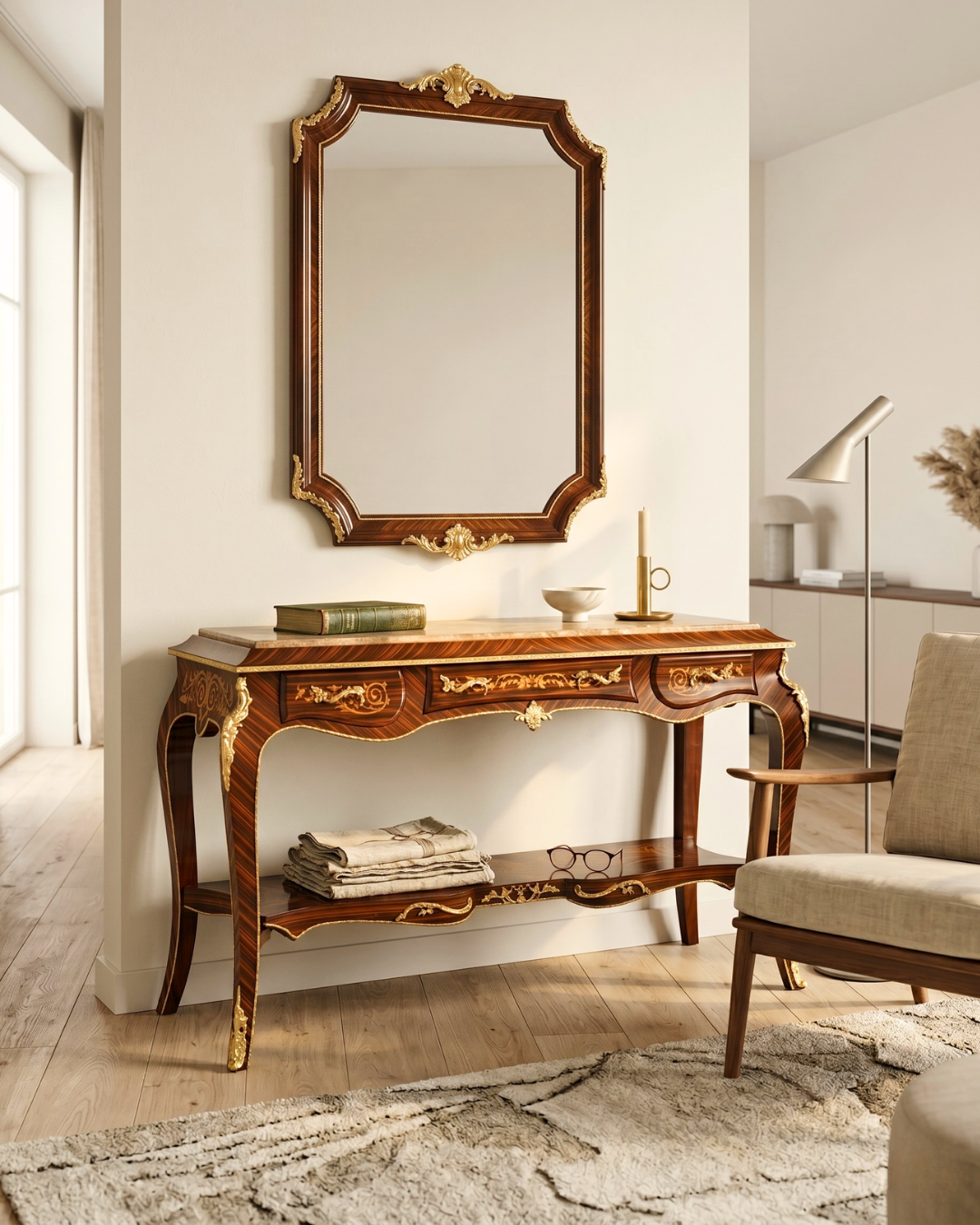 Wunderschöne Barock Stil Konsolen Tisch Marmor Beige Antik Stil Intarsien Konsole