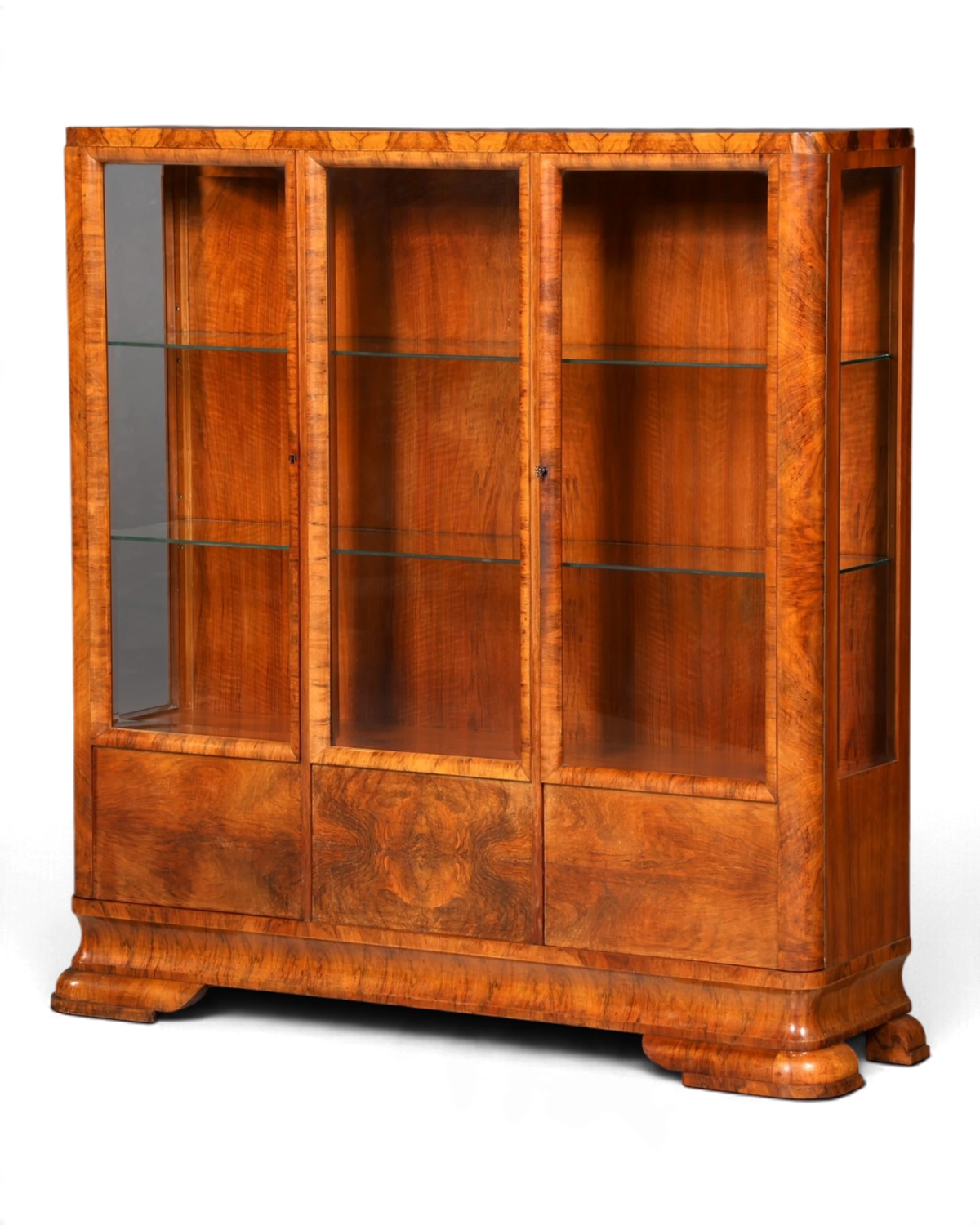 Wunderschöne Art Deco Vitrine Nussbaum Glasvitrine mit Glasböden Antik Schrank Vitrinenschrank Wohnzimmerschrank