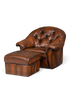 Hauptstadt Möblerei Chesterfield Sessel mit Hocker aus braunem Echtleder mit klassischer Knopfheftung im Vintage-Stil