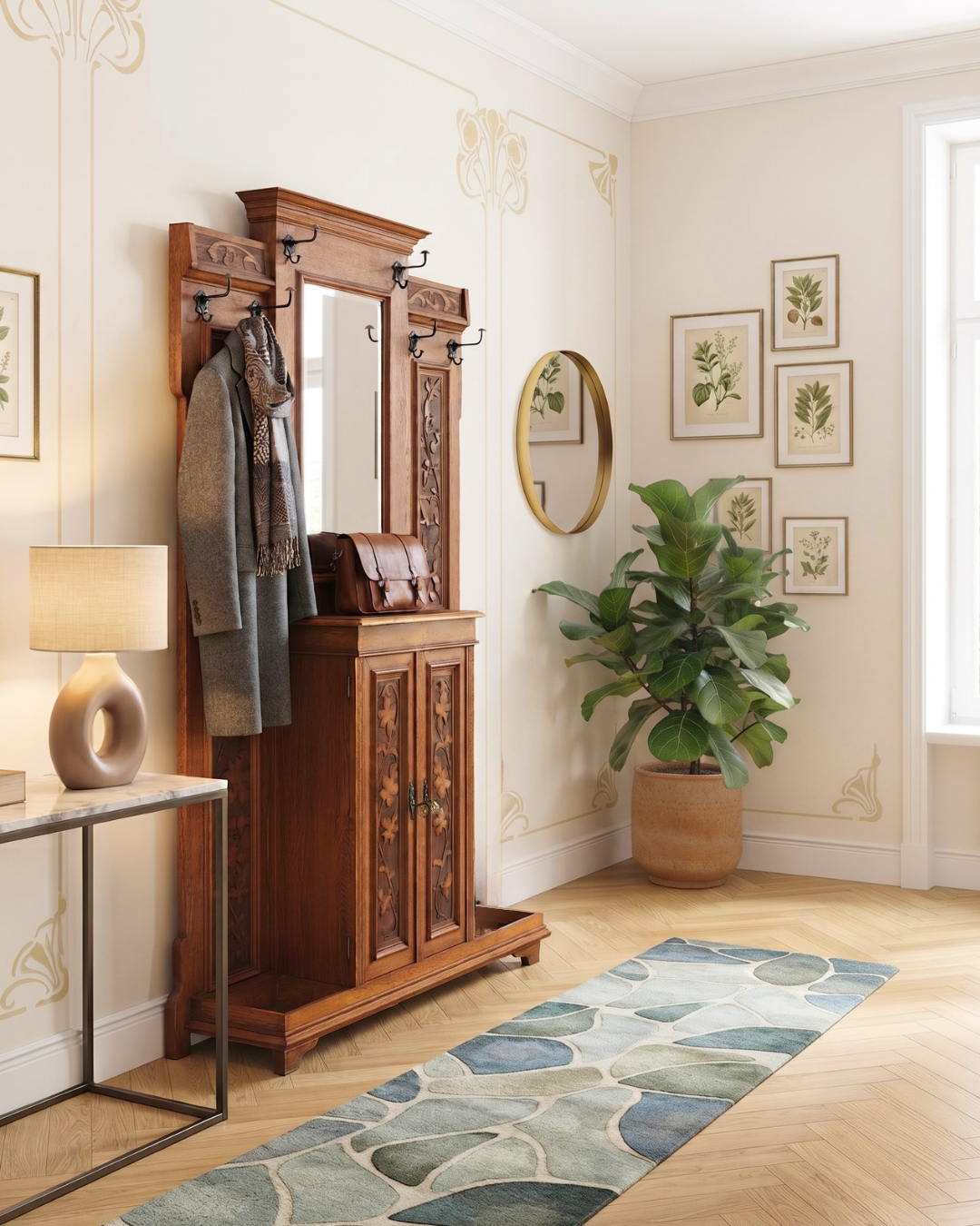 Dreamlike Jugendstil Coat Rack Hallway Coat Rack Oak Antique Wardrobe with Mirror Hall Furniture Wall Coat Rack