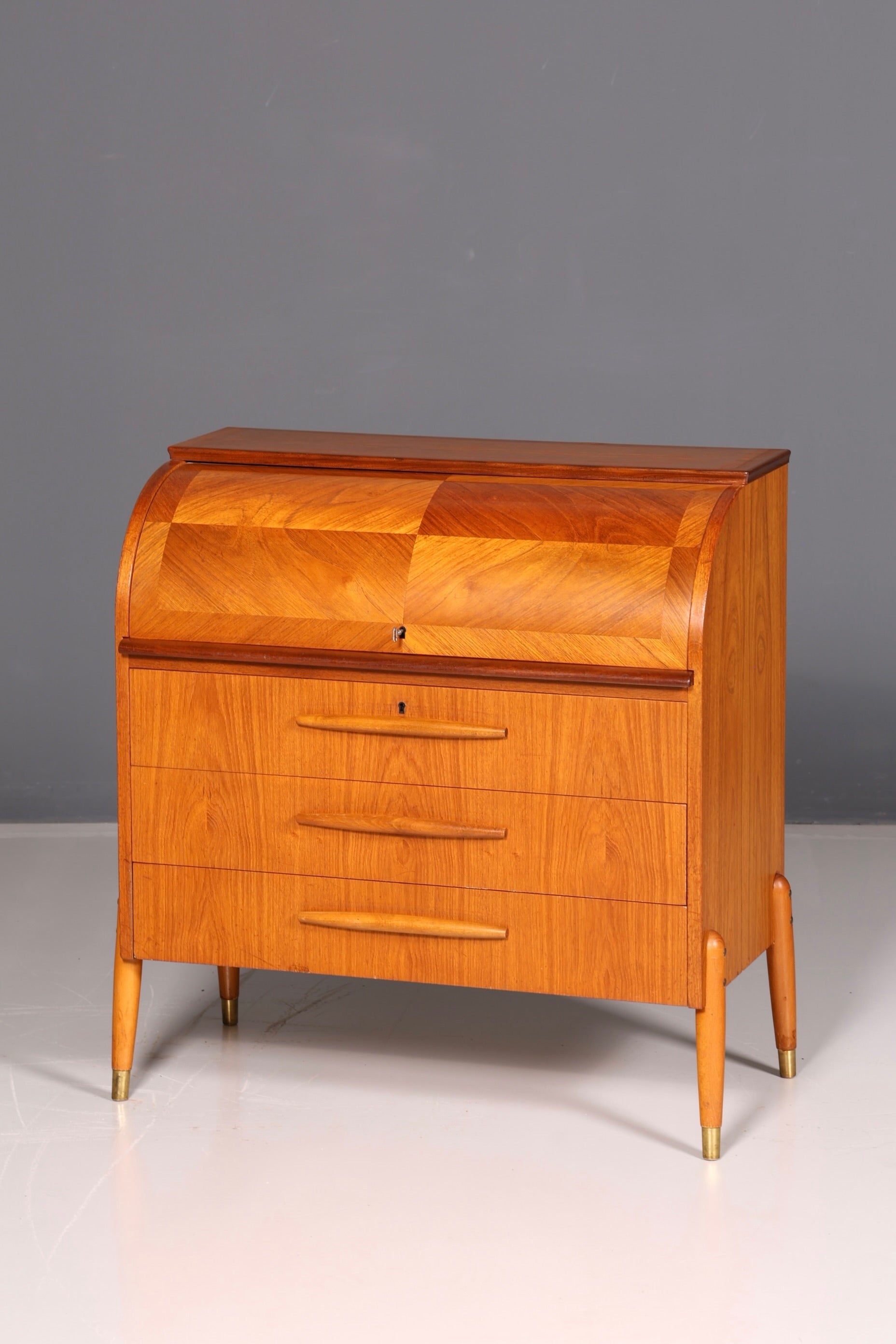 Beautiful mid-century roll-top writing bureau, desk, office cabinet, vintage 1960s wood