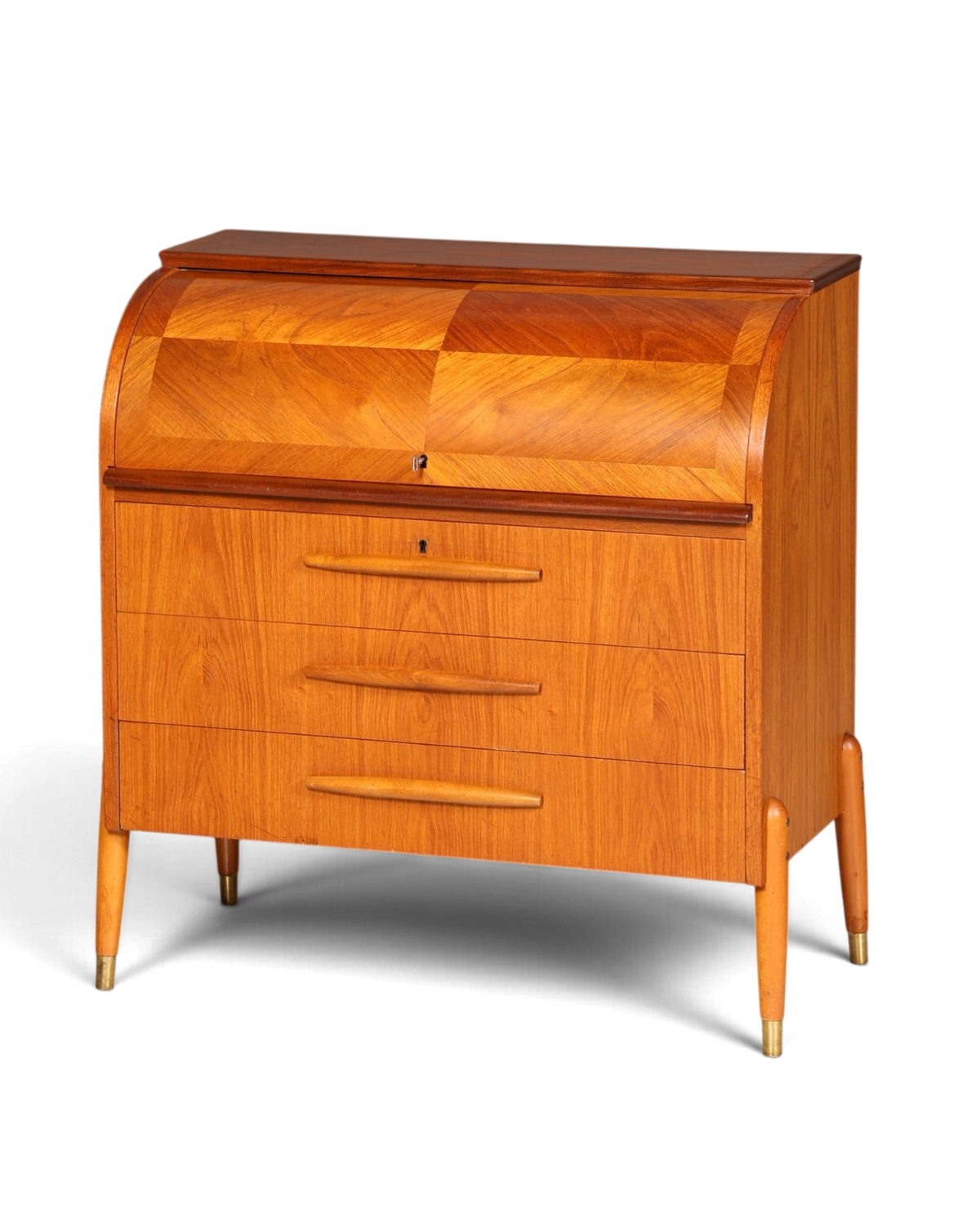 Hauptstadt Möblerei Mid Century Rollladen-Sekretär aus Holz mit drei Schubladen und konischen Beinen im 60er Jahre Stil