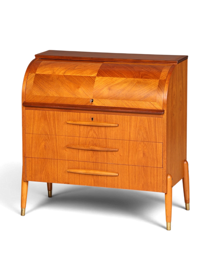 Hauptstadt Möblerei Mid Century Rollladen-Sekretär aus Holz mit drei Schubladen und konischen Beinen im 60er Jahre Stil