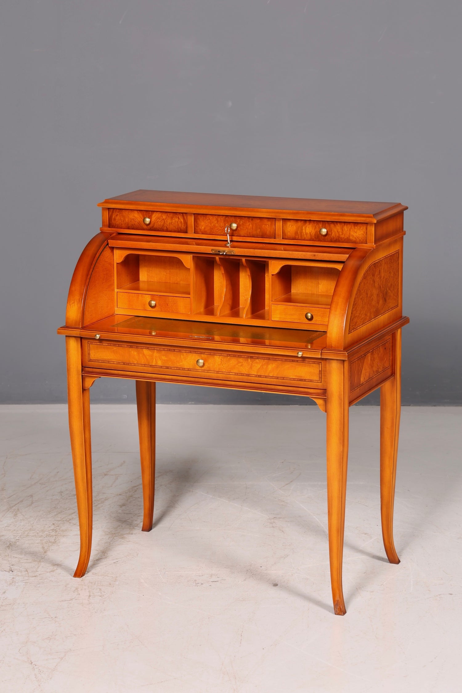 Beautiful antique roll-top secretary desk in Baroque style, cylinder desk, writing cabinet, circa 1930