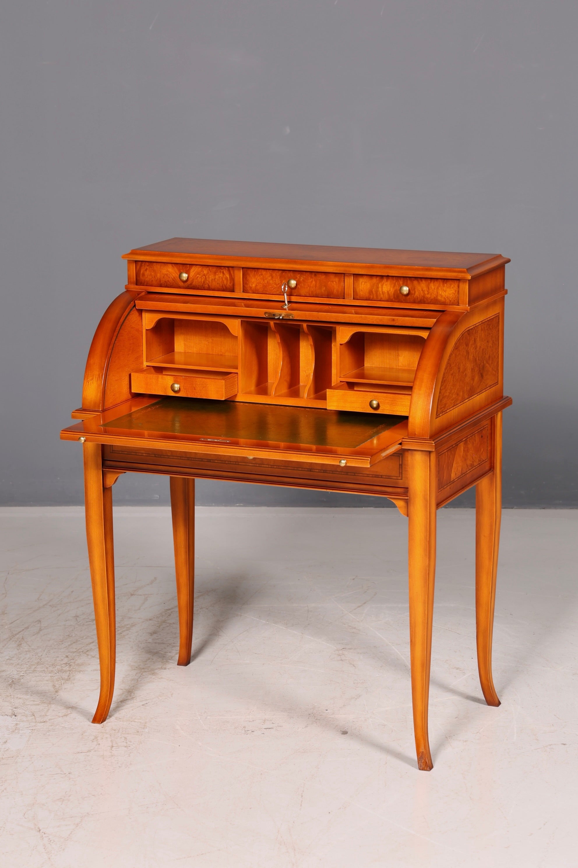 Beautiful antique roll-top secretary desk in Baroque style, cylinder desk, writing cabinet, circa 1930