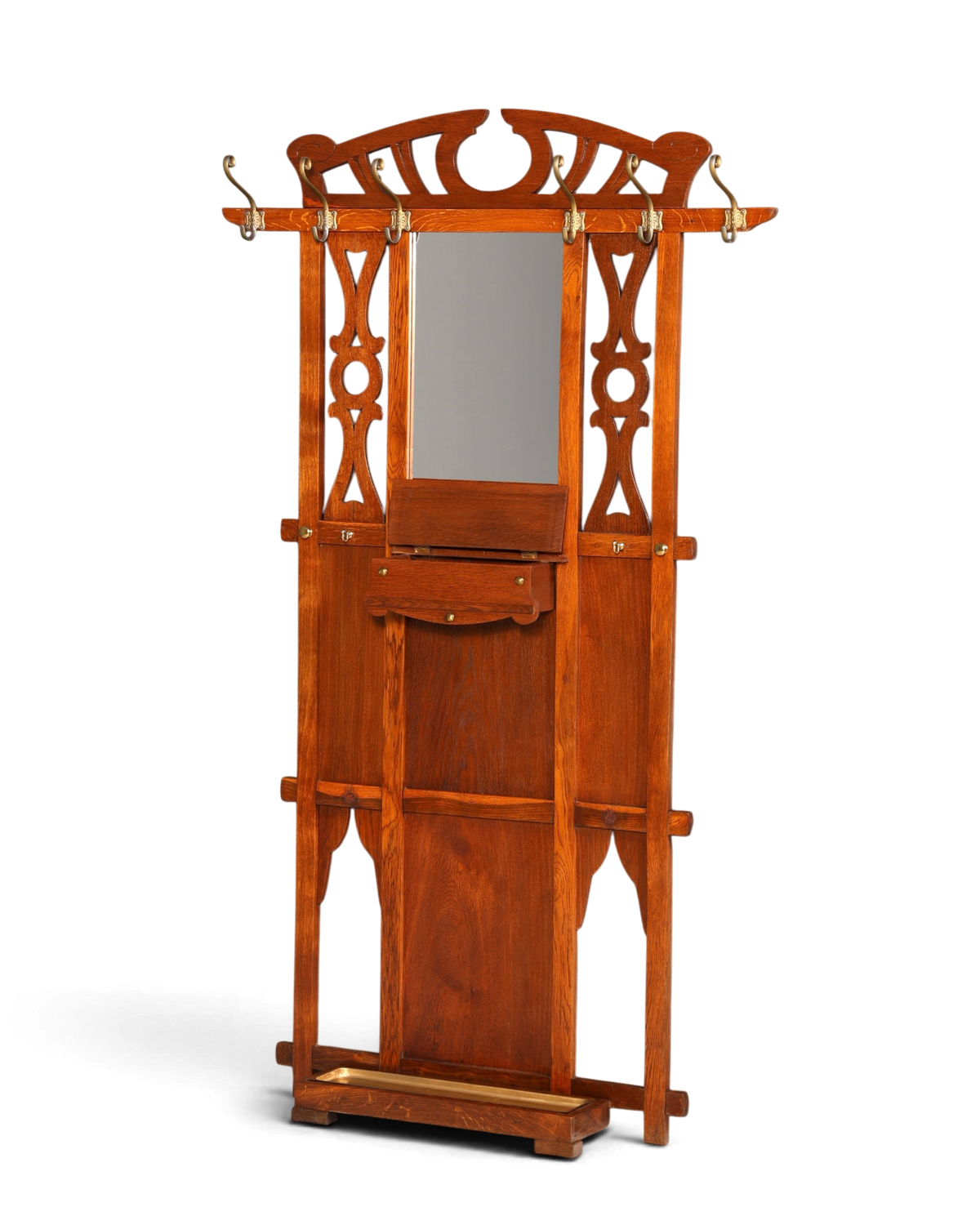 Hauptstadt Möblerei Jugendstil Wandgarderobe aus Holz mit Spiegel, Ablage und Messinghaken im Gründerzeit-Design