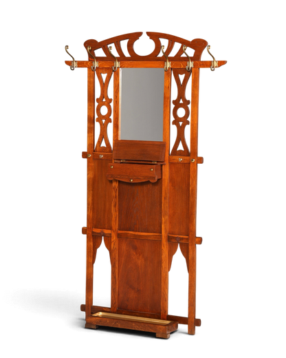 Hauptstadt Möblerei Jugendstil Wandgarderobe aus Holz mit Spiegel, Ablage und Messinghaken im Gründerzeit-Design
