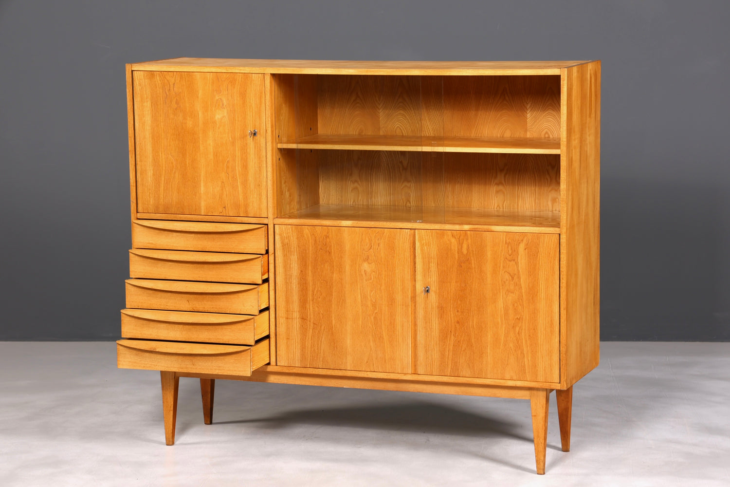 F891 Finish cm Traumhafter Mid Century Highboard Retro Vitrine 60er Jahre Schrank Kommode